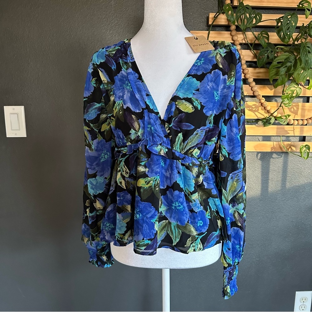 Blu Pepper Blue and Green Floral Blouse